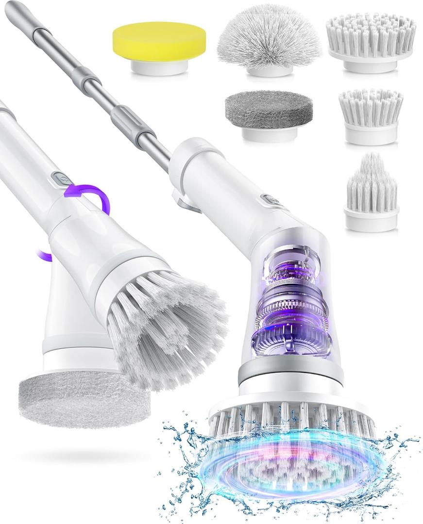 Electric Spin Scrubber, Cordless Shower Scrubber Rotary Floor Brushes & Pad Drivers with 6 Brush Heads - 2H Dual Speed, IPX7 Waterproof Extension Handle for Bathroom Tile Car Cleaning (White)