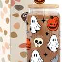 Halloween Gifts for Women Halloween Pumpkin Ghost Iced Coffee Cup Gift for Women Men Kids Teen Adults Spooky Pumpkin Glass Tumbler 16oz Glass Tumbler with Lid and Straw