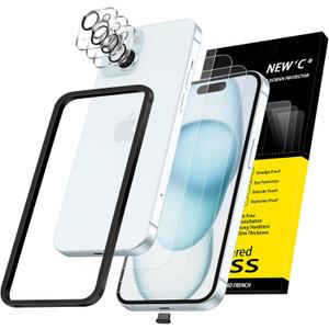 NEW'C 3x for iPhone 15 Screen Protector (6.1 inches)+ 3x Camera Lens Protector, Sensor Protection, Case Friendly Tempered Glass Film + Dust Plug- Easy installation tool include (Transparent)
