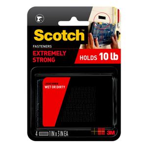 Scotch Extreme Interlocking Fasteners, 4 Strips, 1" x 3", Delivers Powerful Bond on Contact, Weather, Dirt & UV Resistant, 1 Set Holds 2 lbs., Designed with Reclosable Dual-Lock Technology (RF6731) (Black)