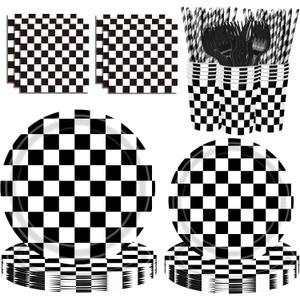 300pcs Gingham Paper Plates and Napkins Gingham Checkered Bachelorette Party Supplies Glamping Birthday Tableware Set Summer Plaid Camping Themed Party Favors Baby Bridal Shower