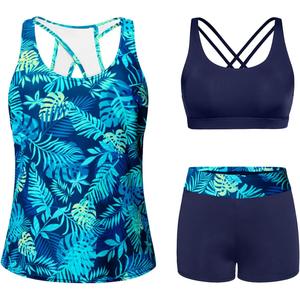Tempt Me 3 Piece Swimsuit for Women Tankini Bathing Suit Modest High Neck Tank Tops Swimwear with Shorts (Small, Blue Leaves)