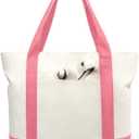 TOPDesign 3-Pack Canvas Tote Bags with an External Pocket, Reusable Grocery Shopping Bags, Top Zipper Closure, Daily Essentials (Rose Pink/Natural)