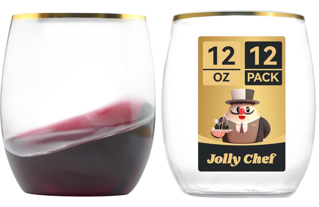 JOLLY CHEF 16 Pack 12oz Gold Plastic Wine Glasses Stemless, Disposable Wine Cupsty, Disposable Plastic Wine Cups for Party, Halloween, Christmas, Thanksgiving