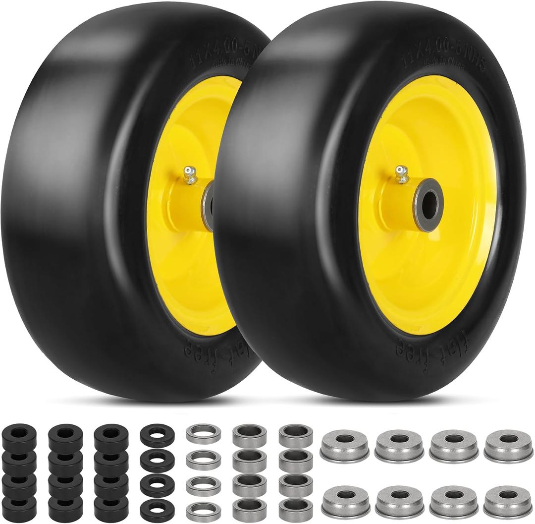2 PCS 11x4.00-5" Lawn Mower Tires Flat Free,3/4" 5/8" 1/2" Bushing,3.4"-4"-4.5"-5" Centered Hub,Universal Fit Smooth Tread Tire for Zero Turn Lawn Mowers,with Universal Adapter Kit(Yellow Rim)