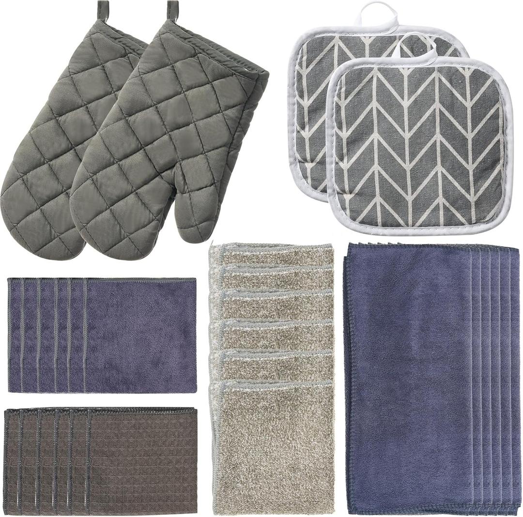 27 Pcs Kitchen Towels and Dish Cloths Set, Heat Resistant Oven Mitts Pot Holders Kitchen Absorbent Towels Dish Rags Dishcloths Reusable for Cooking, Grilling, Baking