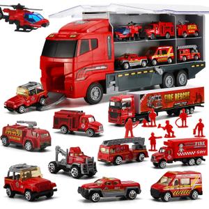 19 Pcs Fire Truck with Firefighter Toy Set, Mini Die-cast Fire Engine Car in Carrier Truck, Mini Rescue Emergency Double Side Transport Vehicle for Kid Child Boy Girl Birthday Christmas Party Favors