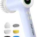 PUFTEM Shower Scrubber, Electric Spin Scrubber for Bathroom Cleaning Cordless Shower Cleaner Brush with 6 Brush Heads, Dual-Direction Rotation, for Grout, Tile, Tub, Sink & Corners, Purple