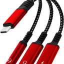 1 in 3 USB C to Type-C Charging and Type-C Headphones Plus 3.5mm Headphones PD 60W Charging Adapter, Compatible with GalaxyS22, iPad Pro, Pixel, iPhone 16 15, etc.red
