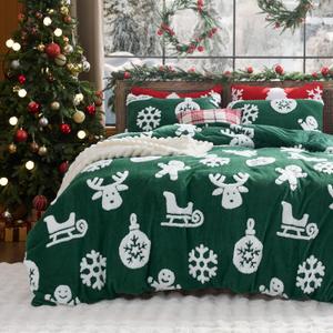 Bedsure Fluffy Christmas Duvet Cover Set - Ultra Soft Plush Shaggy Comforter Cover Queen Size, Warm Flannel Fleece Bed Sets for Winter, 3 Pieces, Gingerbread Man Pattern, Green (Queen (90" x 90"))