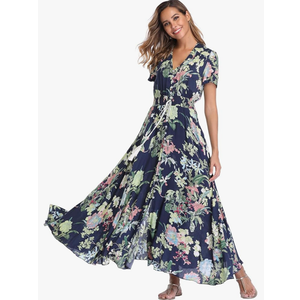 VintageClothing Women's Floral Maxi Dresses Boho Button Up Split Summer Casual Long Dress Beach Party Dress, M