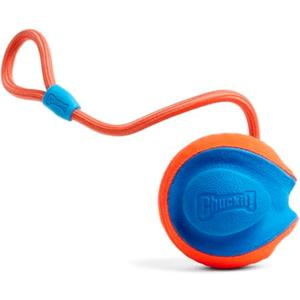 Chuckit! Rope Fetch Dog Toy - Ball on Rope Fetch and Tug-of-War Toy for Dogs - Durable EVA Rubber Construction - 5.5-inch Diameter - 18-inch Rope - Orange and Blue