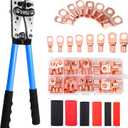 HKS Battery Cable Crimping Tool Kit Heavy Duty Wire Crimper for AWG 10-1, Includes 60pcs Copper Ring Terminals & 60pcs 3:1 Heat Shrink Tubing, Ideal for Battery Cables
