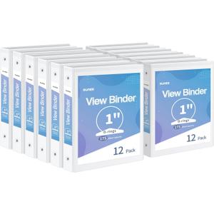 SUNEE 3 Ring Binder 1 Inch 12 Pack, Clear View Binder Bulk Three Ring PVC-Free (Fit 8.5x11 Inches) for School or Office Supplies, White