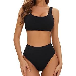 iSwaves Women Two Piece U Neck Bikini Crop Top High Cut Swimsuit Sporty Bathing Suit, Size L
