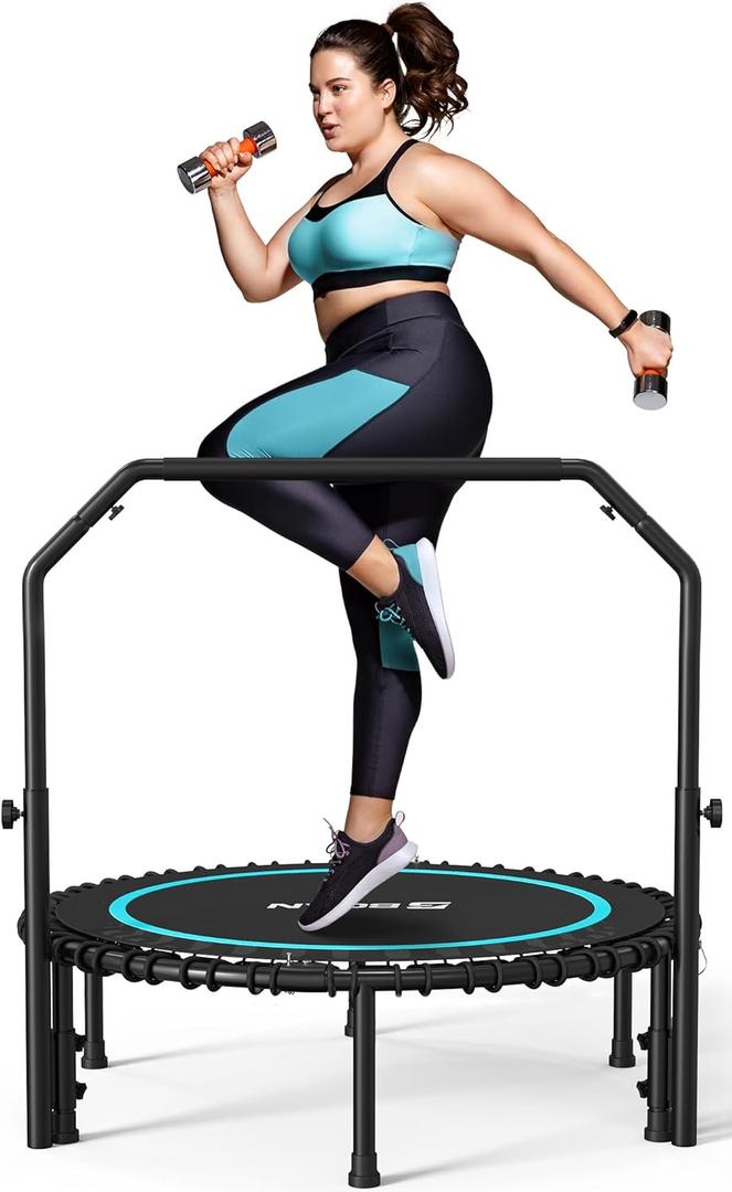BCAN 550 LBS Foldable Mini Trampoline, 48" Fitness Trampoline with Bungees, U Shape Adjustable Foam Handle, Stable & Quiet Exercise Rebounder for Adults Indoor/Outdoor Workout