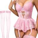 Lilosy Sexy Stocking Rhinestones Heart Garter Underwire Floral Mesh lace Sheer Babydoll Lingerie Teddy Bodysuit Skirt Set (Small, Pink)