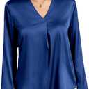 Womens Silk Satin Blouses V Neck Long Sleeve Tops Casual Dressy Shirts (Blue)