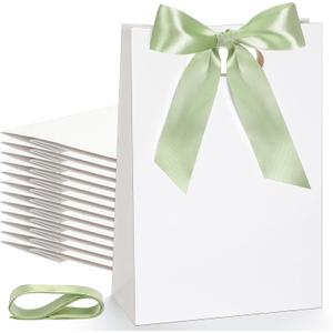 Aliceset 12 Pcs Small Thank You Bridesmaid Gift Bags 10 x 7 x 3.15'' with Die Cut Handles Compact Bags with Bow Ribbon for Wedding Baby Shower Birthday Party Favors(White,Sage Green)