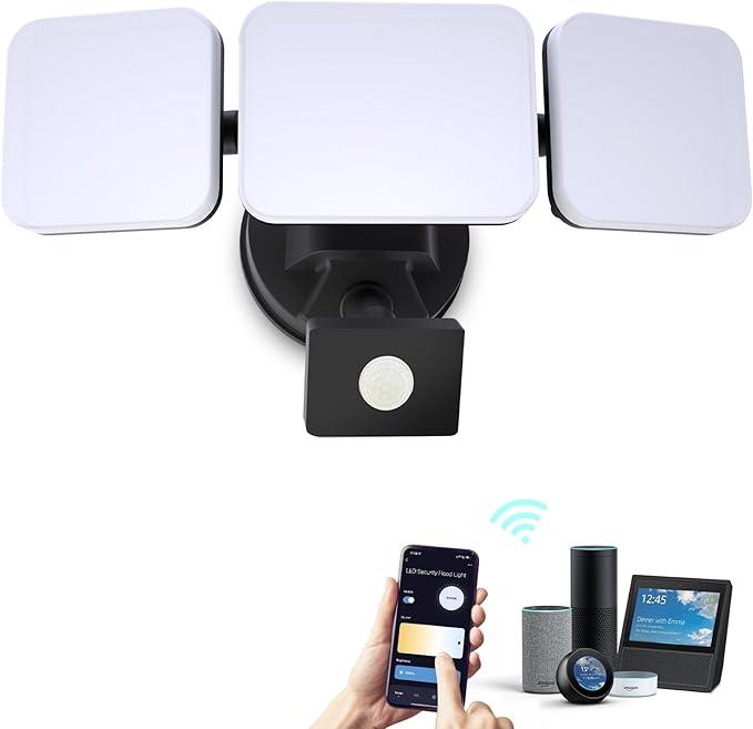 EMANER Smart Security Light Motion Sensor, Compatible with Alexa/Google Home, Adjustable Color Temperature, App Controlled WiFi Flood Light 2800LM Dimmable for Garage Driveway Porch (Black, 1-Pack)