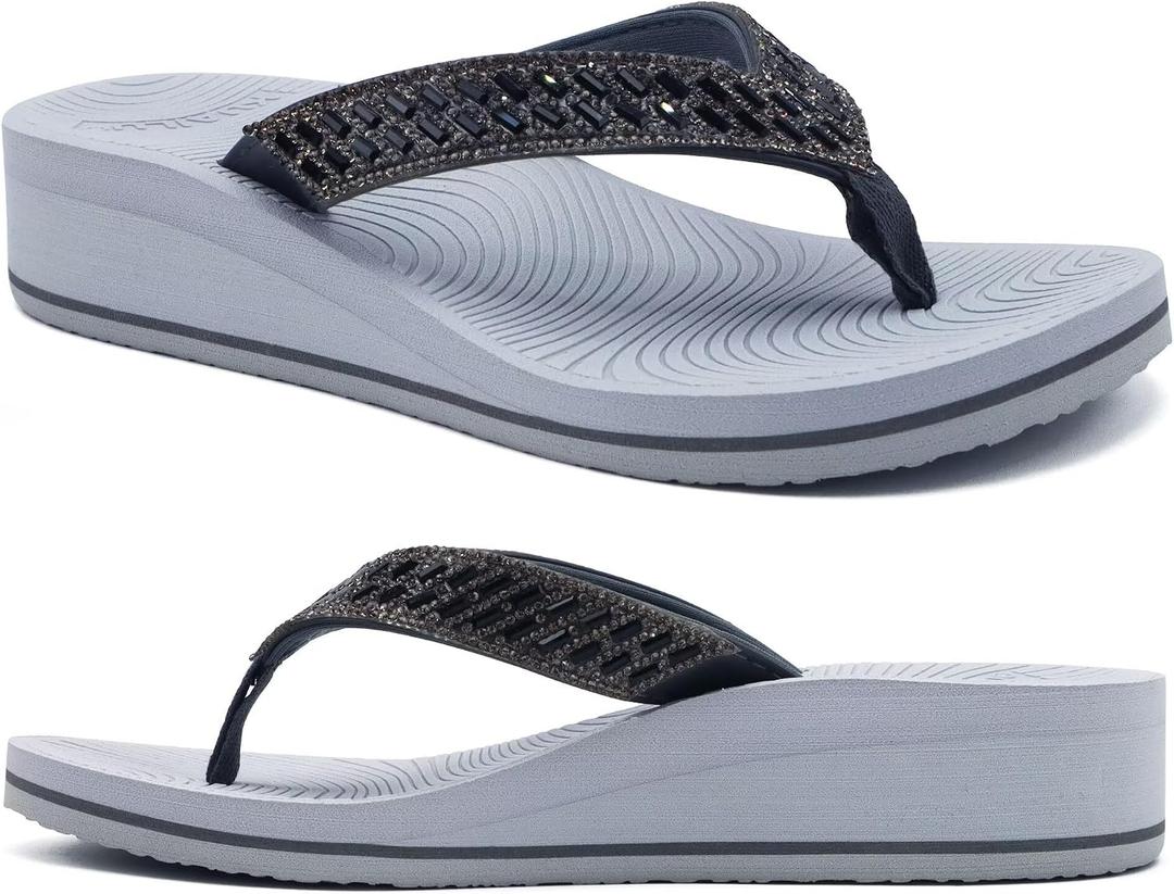 KuaiLu Women's Rhinestone Platform Arch Support Flip Flop Sandals