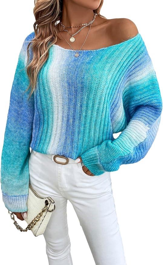SHENHE Women's Long Sleeve Knit Sweater Top Sleeve Ombre Scoop Neck Casual Sweater Pullover Top Mint Blue Large