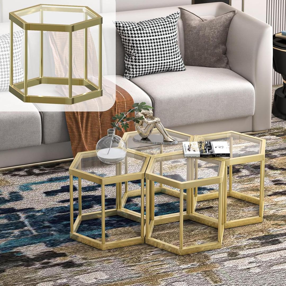 Gold Coffee Table Glass Modern Coffee Table, Hexagon Free Combination Glass Center Table Small End Tables with Metal Frame for Living Room Set of 1