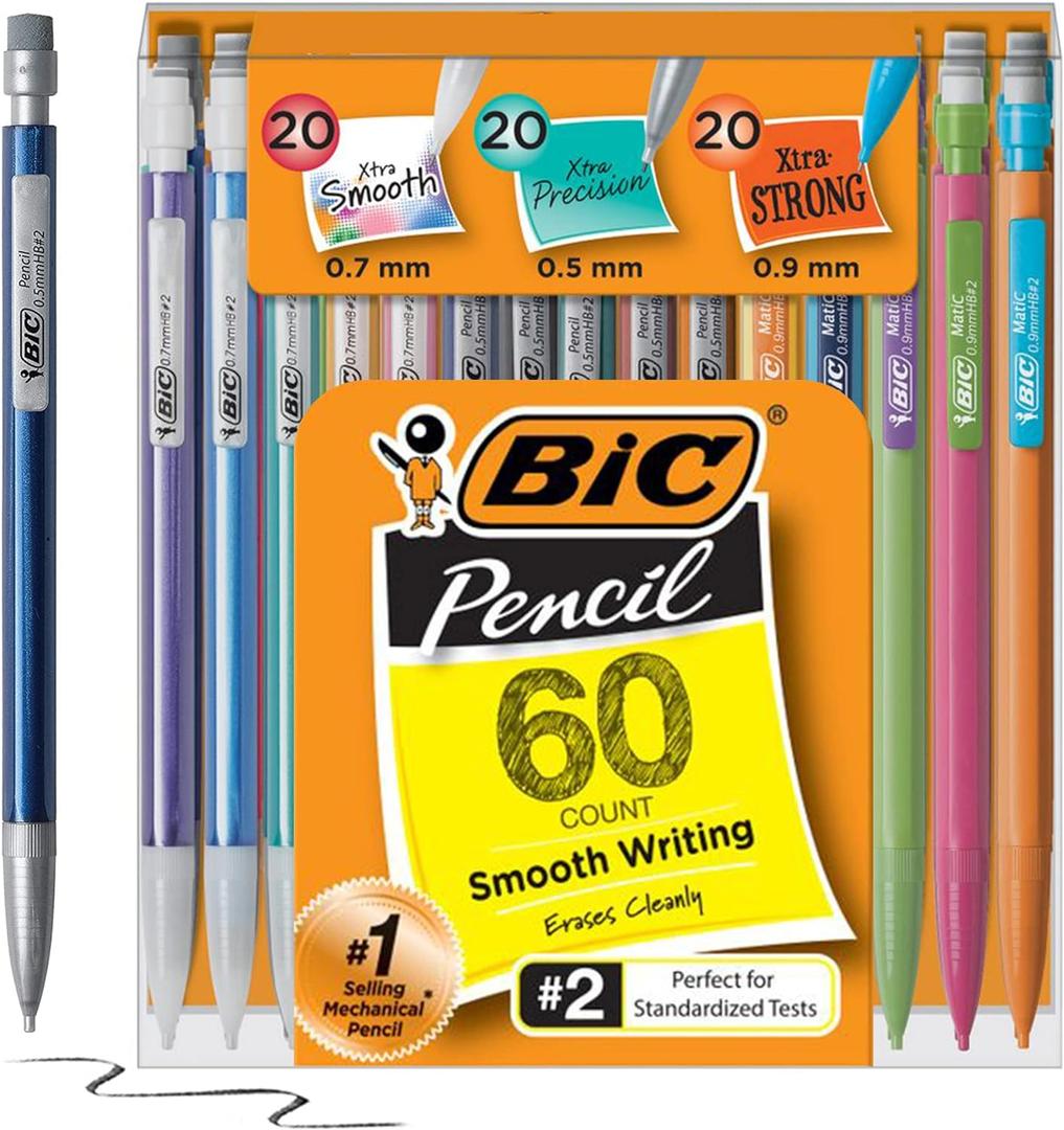 BIC Mechanical Pencil Variety Pack, Number 2 Mechanical Pencils With Erasers, Fine Point (0.5mm), Medium Point (0.7mm) and Thick Point (0.9mm), 60 Count, Bulk Mechanical Pencils for School or Work