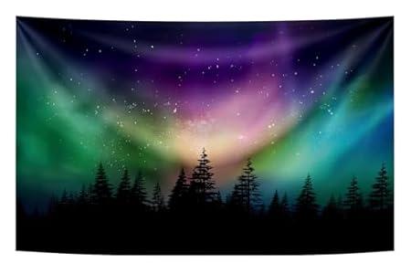 10X7FT Fabric Northern Lights Backdrop Forest Aurora Borealis Night Sky Portrait Background Birthday Party Decoration Banner Winter Landscape Polar Lights Wallpaper Photo Booth Studio Props