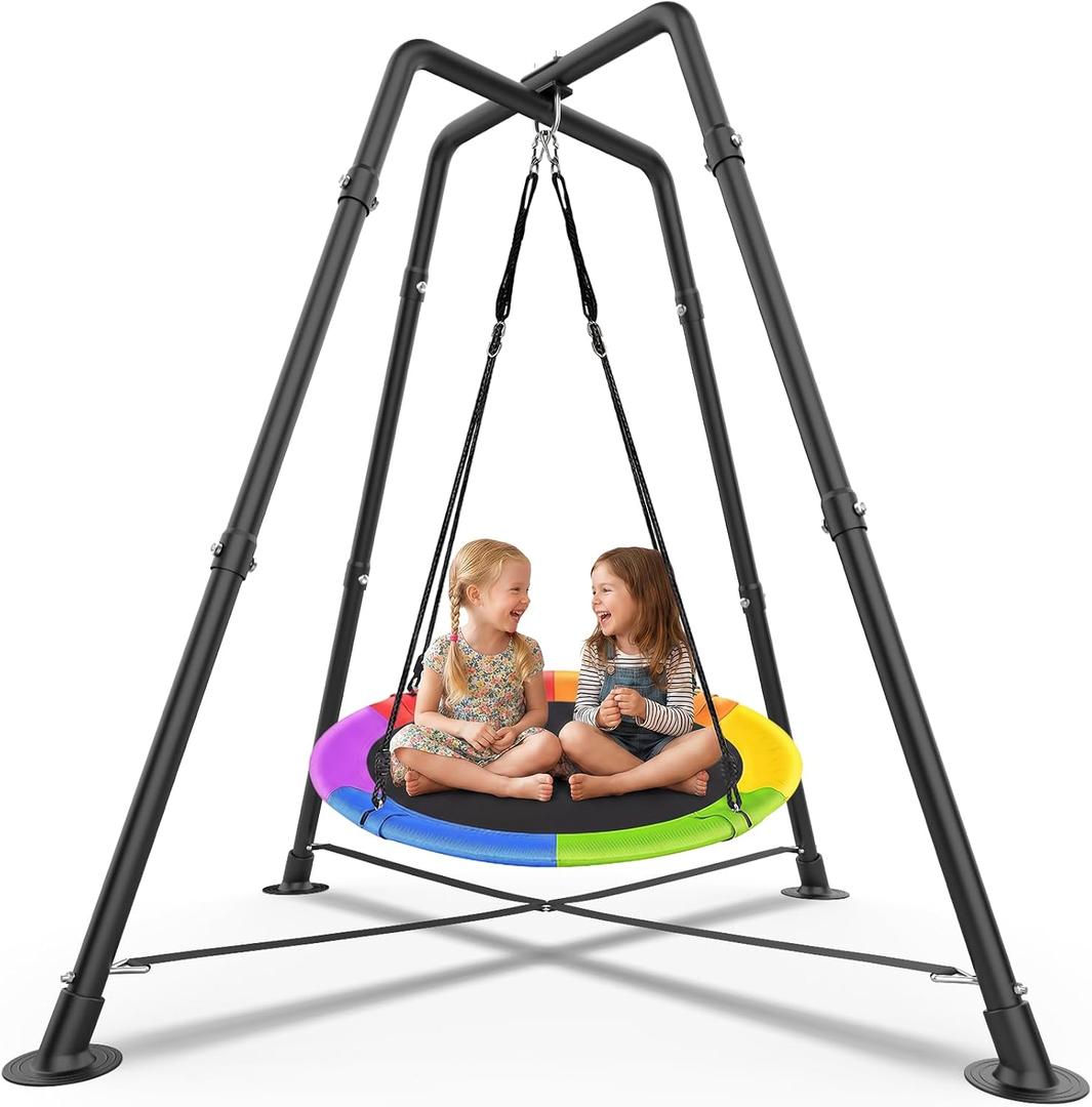 Swing Set with 35'' Saucer Swing, Sensory Swing Set, Metal 32mm Diameter Swing Stand with Saucer Swing, X-Shaped Swing Frame, w/4 Ground Stakes, for Indoor and Outdoor 330LBS (Multicolor)