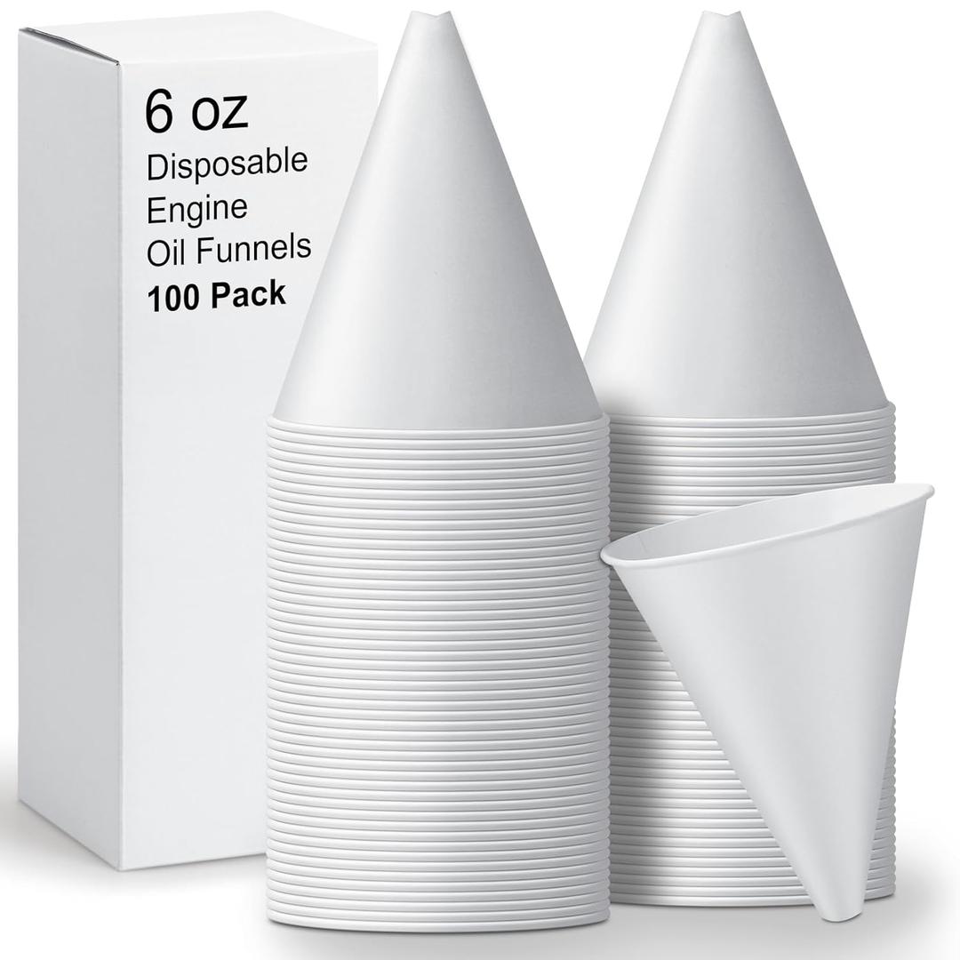 100 Pcs Disposable Paper Engine Oil Funnels, 6oz for Automotive Motor Use, No Spill Funnel for Windshield Washer Fluid, Water, Gas