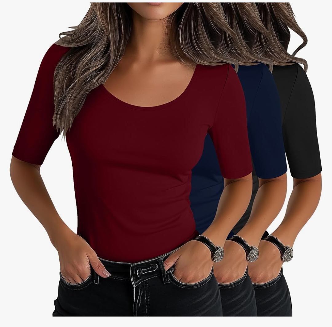 Neer 3 Pack Women's Scoop Neck Stretchy Tops Cotton Half Sleeve Slim Fitted T-Shirts Tight Casual Basic Summer Tees, Large