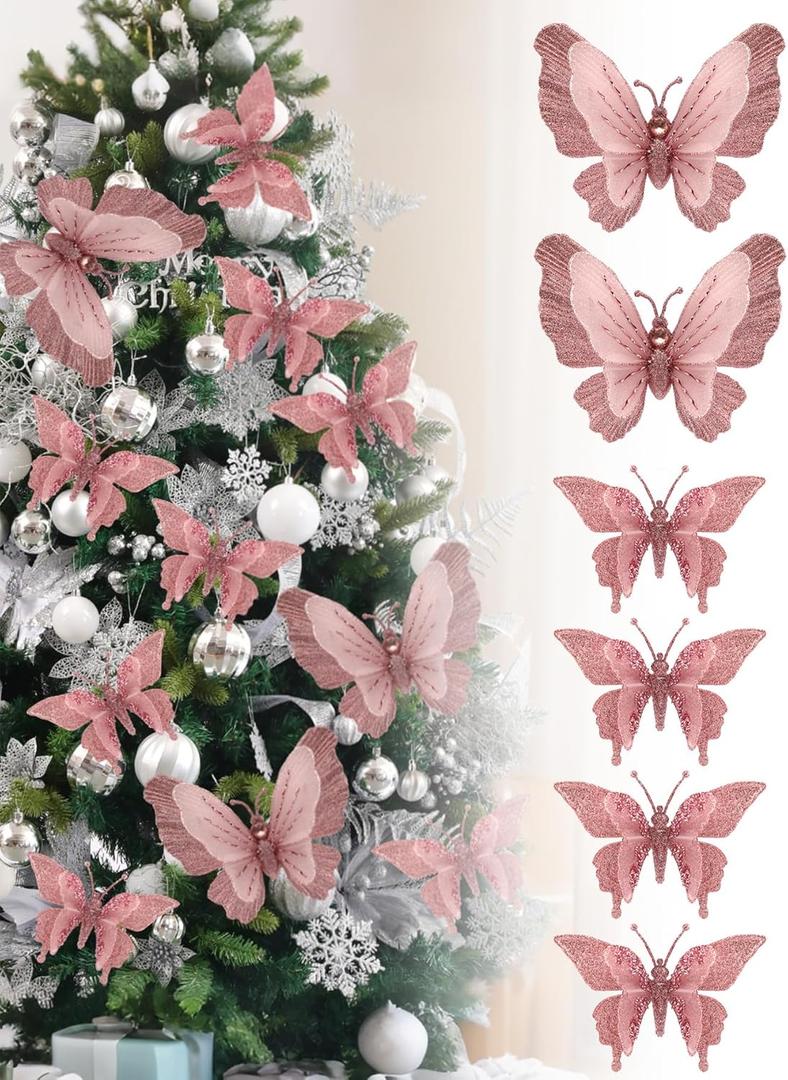 3D Glitter Christmas Butterfly Ornaments, 6 Pack Hanging Butterfly with Clip for Christmas Tree Decoration, Indoor Christmas Decoration (6, Pink)