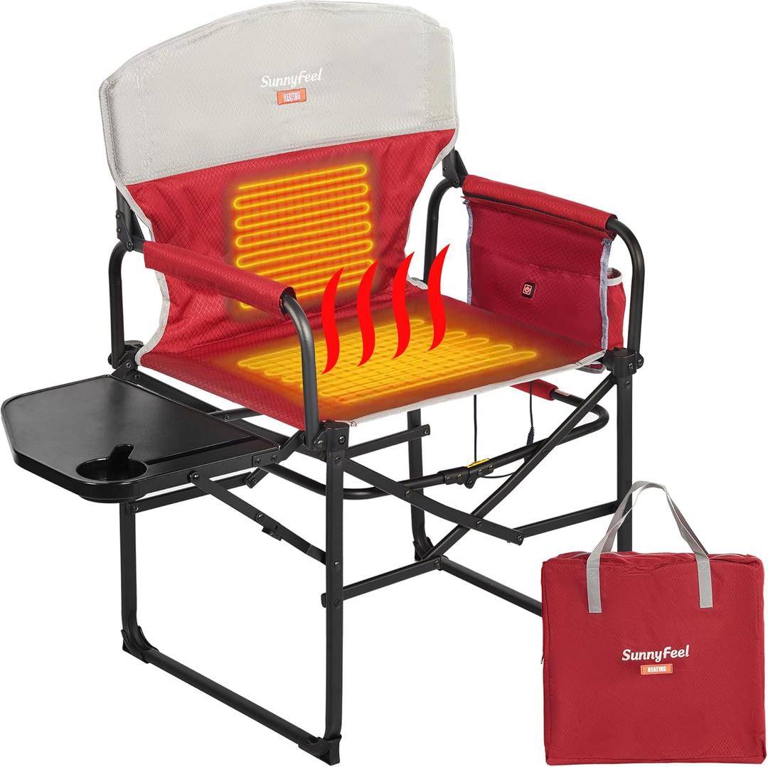 SUNNYFEEL Heated Camping Directors Chair, Heavy Duty,Oversized Outdoor Portable Heating Folding Chair with Side Table, Pocket for Beach, Fishing,Trip,Picnic,Lawn,Concert Foldable Camp Chairs (Heated Red)