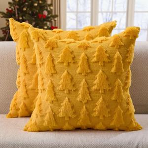 DFXSZ Christmas Tree Pillow Covers 18x18 inch Set of 2 Christmas Decoration Golden Soft Plush Faux Fur Jacquard Throw Pillows for Bedroom Sofa Holiday Festivals Winter Home Decor PTK006G18
