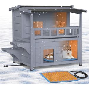 Heated Cat House for Outside - 2 Story Cat Houses for Outdoor Cats, Wooden Outdoor Cat House Weatherproof, Warm Insulated Cat Houses with Balcony, Winter Feral Cat Shelter with Heating Pad