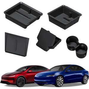 Carwiner 5PCS Center Console Organizer Compatible with 2025-2026 New Tesla Model Y Juniper/2024-2026 Tesla Model 3 Highland Accessories, Hidden Storage Box, Cup Holder with Charger Area Silicone Mat