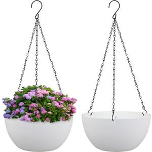 10 inch Hanging Planters for Indoor Outdoor Plants, 2 Pack Hanging Flower Pots with Drainage Holes and Chain for Garden Balcony Porch, Round Plastic Hanging Baskets for House Plants, White