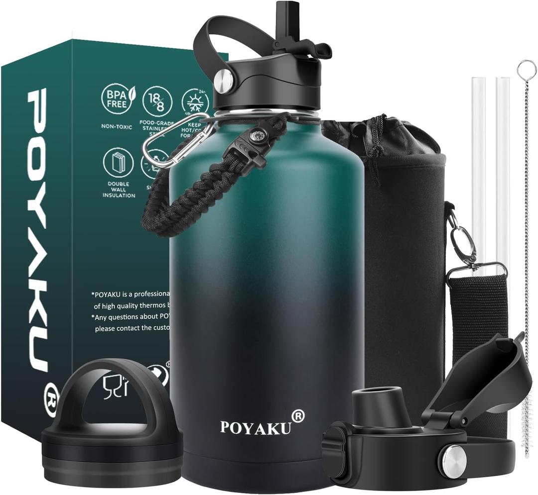 Water Bottle Insulated 32oz 40oz 64oz 128oz Straw Lid Spout Lid & 3 Lids, Leak Proof, Vacuum Insulated,Stainless Steel Water Bottle Wide Mouth for Sports, Gym or Office (Indigo Crush)