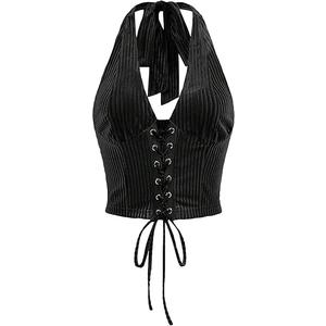 WDIRARA Women's Lace Up Front Denim Halter Tops Deep V Neck Tie Back Smocked Sleeveless Crop Top (Medium, Black)