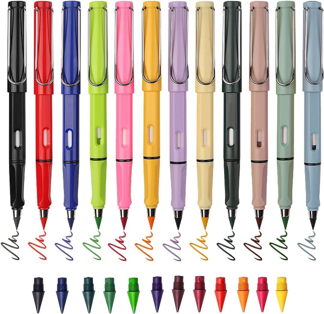 Inkless Magic Pencil with Eraser - Infinity Reusable Pencils in Colored 12PCS Mixed+12PCS Color Pencil Tips