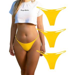 KUKU PANDA Cotton Thongs for Women Sexy Seamless Woman G String Panties 3 Pack Set (Yellow, X-Small)