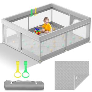 Omzer Baby Playpen with Mat 71x59inch: Large Playpen for Babies and Toddlers Indoor Safety Play Pen with Soft Breathable Mesh - All-Wrapped Sponge Sturdy Play Yard with Stable Mat Magic Sticker (Grey)