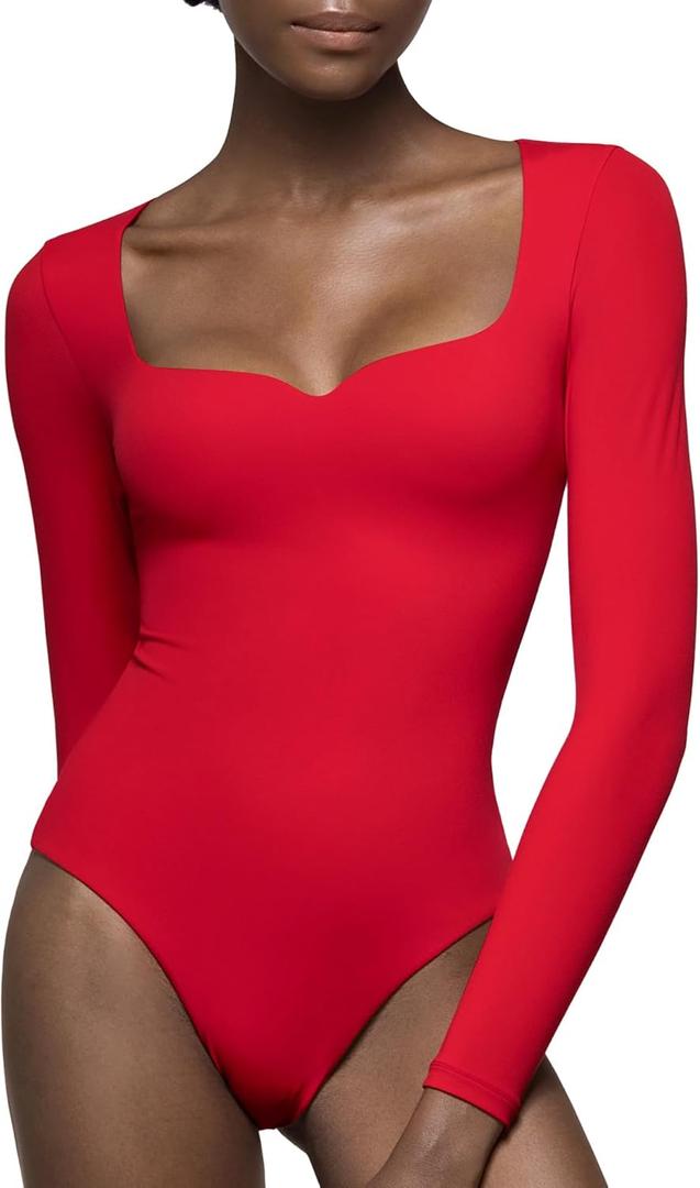 PUMIEY Women's Sweetheart Neck Long Sleeve Bodysuit Slimming Body Suit Going Out Tops Smoke Cloud Pro Collection (Large, Ruby)