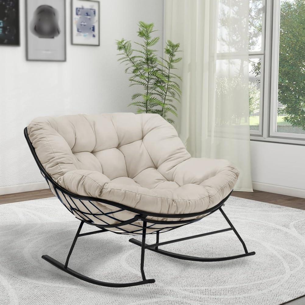 Indoor Outdoor Waterproof Papasan Rocking Chair Cushion,Thicken Patio Rocking Egg Chair Cushion, Rattan Chair Cushions, Hammock Chairs Cushions for Garden, Porch, Balcony (Only Cushion) (Off white)