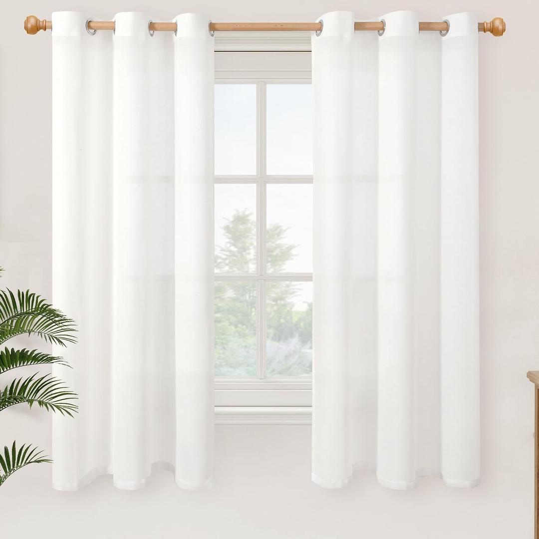 YoungsTex White Linen Semi Sheer Curtains 63 Inch Length 2 Panels, Grommet Light Filtering Drapes Textured Window Treatments for Bedroom Living Room Lightweight, 42 X 63 Inch