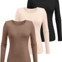 Ficerd 3 Pack Women's Ribbed Long Sleeve Tops, Crew Neck Slim Fit Undershirts Knit Basic Casual Stretch Layering Tee Shirts (S)