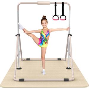 Tepemccu Expandable Gymnastics Bars, Adjustable Height Gymnastic Horizontal Bars, Children Folding Training Bar for Kids (Beige with mat)