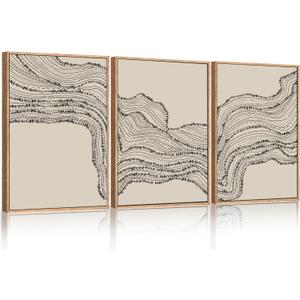 HLNIUC Neutral Abstract Framed Canvas Wall Art Set, Black Beige Wave Line Wall Decor, Large Minimalist Painting, Modern Geometric Art Print for Living Room, Bedroom, Dinning Room, Office - 16"x24"x3 (16L" x 24W")