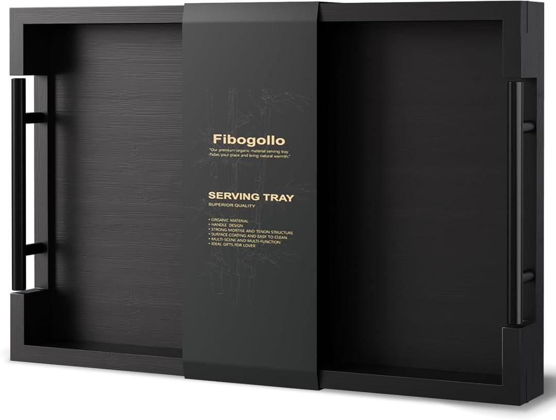 Fibogollo Bamboo Serving Tray with Metal Handles,15x10in Ottoman Decorative Trays Platter for Coffee Table, Living Room, Bar, Party, Medium (Black)
